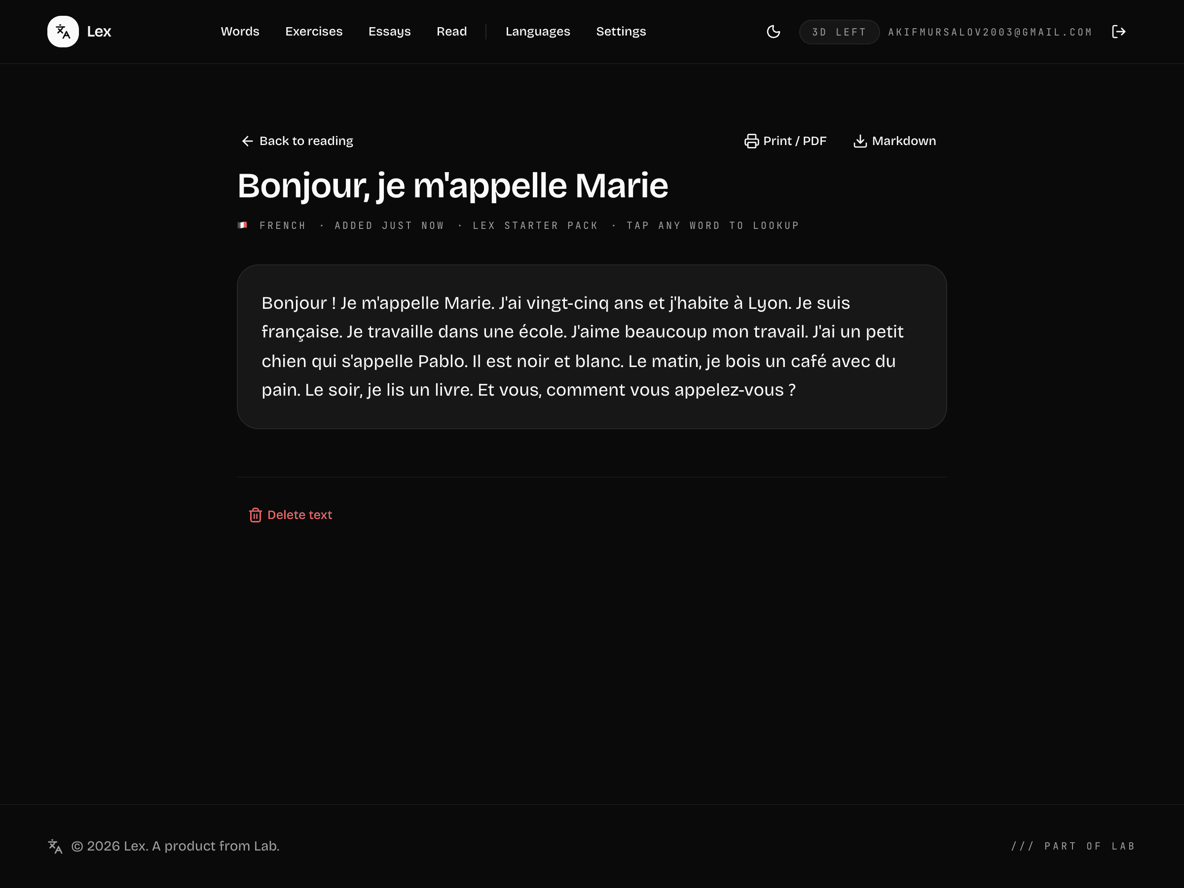 A French A1 starter text open in Lex's reading view