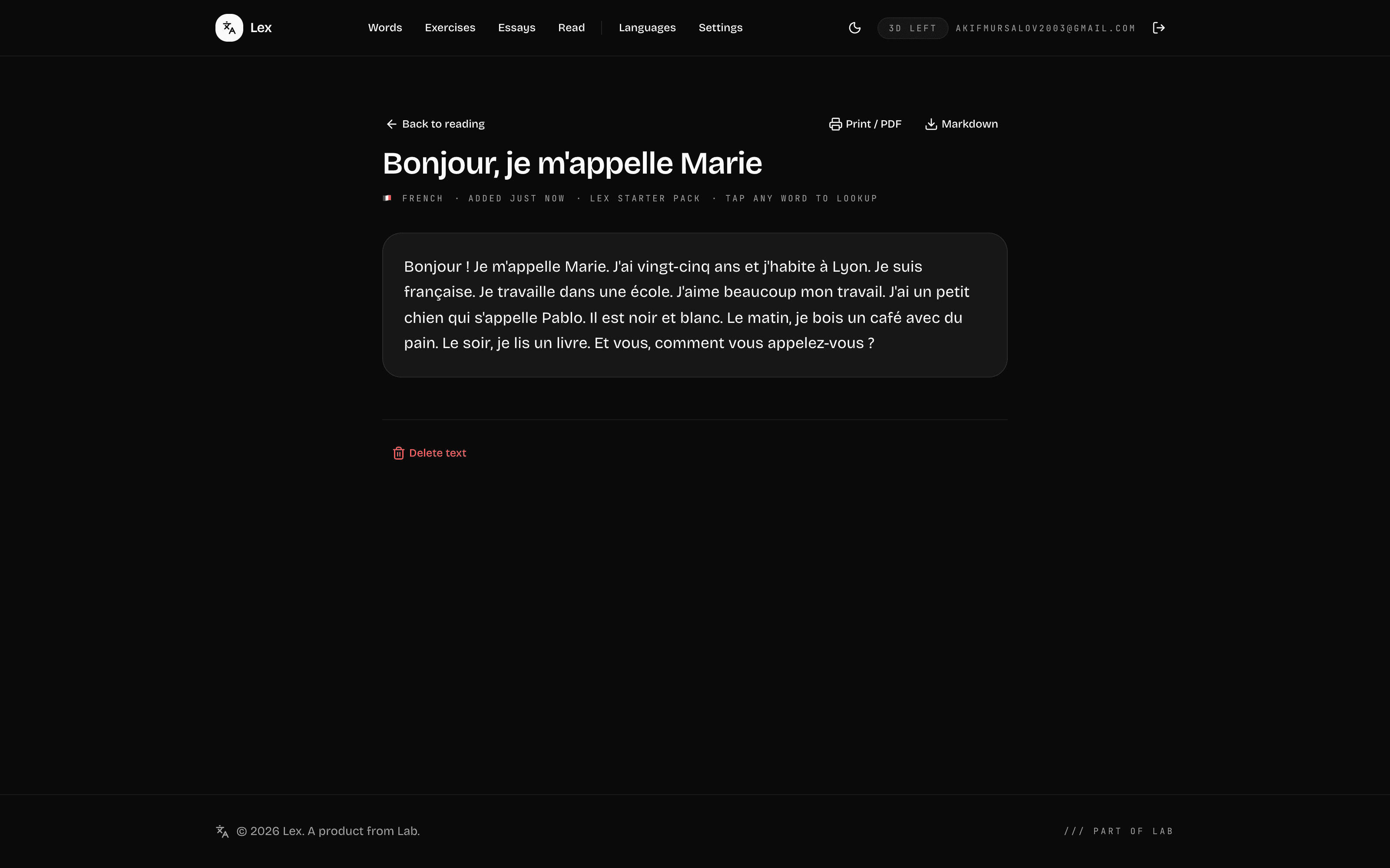 A French A1 starter text open in Lex's reading view